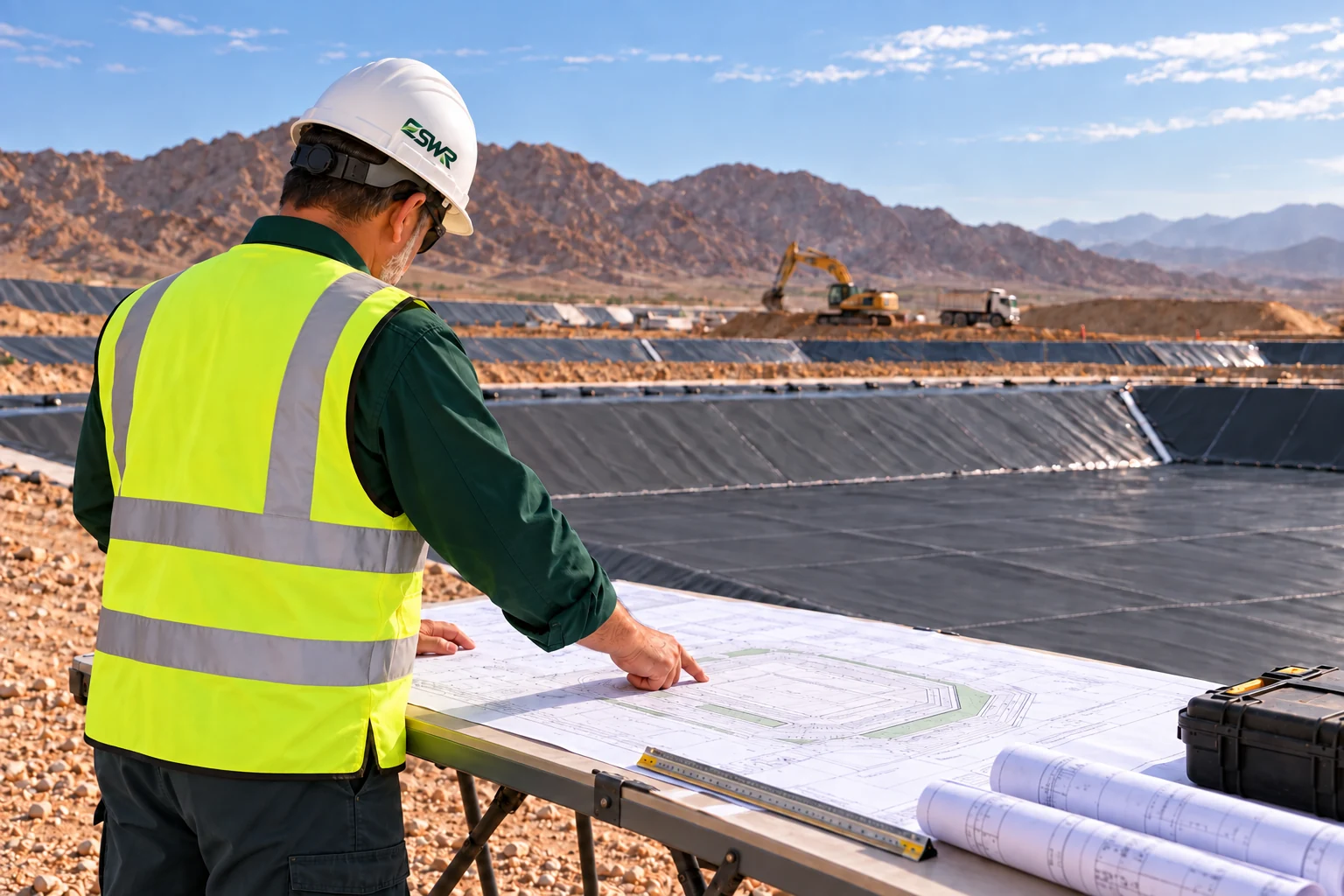 Engineer reviewing plans and execution details on site — illustrative scene