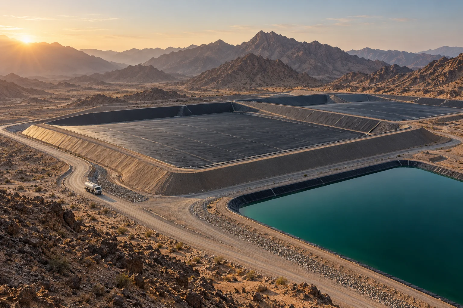 HDPE-lined engineered landfill — illustrative scene